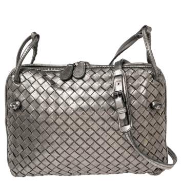 Pre Owned Bottega Veneta Metallic Grey Intrecciato Leather Nodini Crossbody Bag