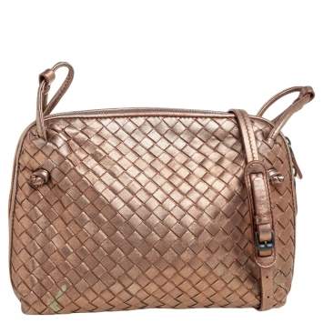 Pre Owned Bottega Veneta Metallic Bronze Intrecciato Nodini Leather Crossbody Bag
