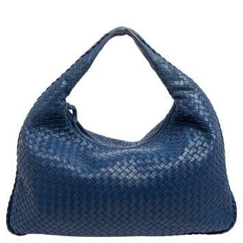 Pre Owned Bottega Veneta Blue Intrecciato Leather Large Veneta Hobo