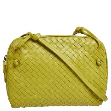 Pre Owned Bottega Veneta Citrus Yellow Intrecciato Leather Nodini Crossbody Bag
