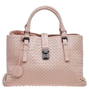 Pre Owned Bottega Veneta Pink Intrecciato Leather Medium Roma Tote