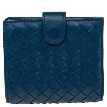 Pre Owned Bottega Veneta Blue Intrecciato Leather French Wallet