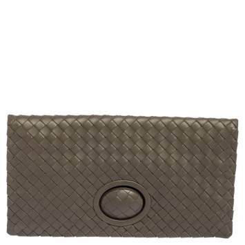 Pre Owned Bottega Veneta Olive Green Intrecciato Leather Twist Lock Clutch