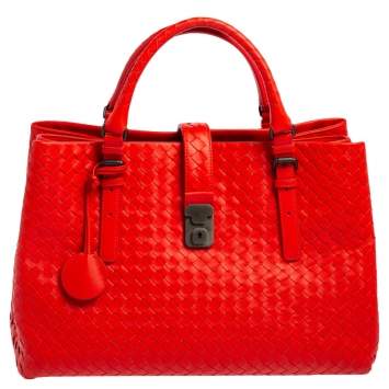 Pre Owned Bottega Veneta Red Intrecciato Leather Medium Roma Tote
