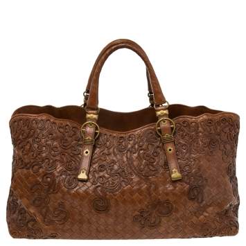 Pre Owned Bottega Veneta Brown Embroidered Intrecciato Leather Tote