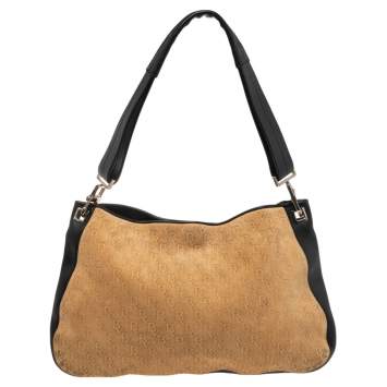 Pre Owned Bottega Veneta Beige/Black Leather and Signature Embossed Suede Shoulder Bag