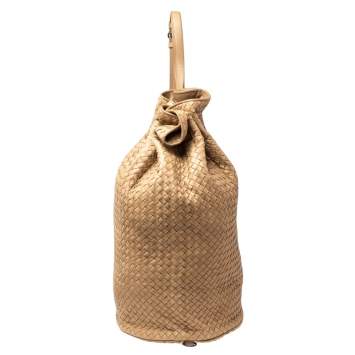Pre Owned Bottega Veneta Tan Intrecciato Leather Drawstring Sling Backpack