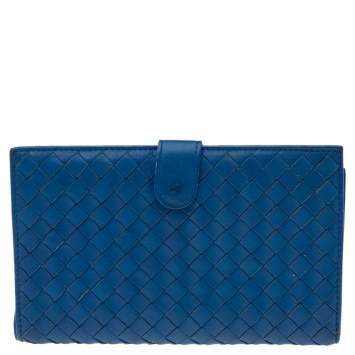 Pre Owned Bottega Veneta Blue Intrecciato Leather Continental Wallet