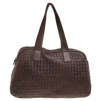 Pre Owned Bottega Veneta Dark Brown Intrecciato Leather Satchel