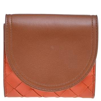 Pre Owned Bottega Veneta Orange/Tan Intrecciato Leather Colorblock Wallet