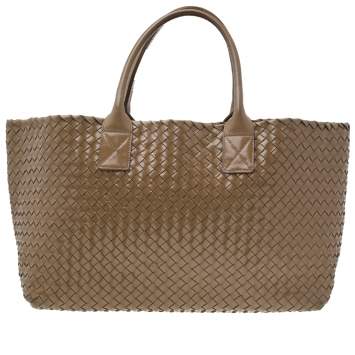 Pre Owned Bottega Veneta Beige Patent Intrecciato Leather Cabat Tote