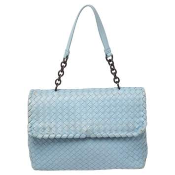 Pre Owned Bottega Veneta Light Blue Intrecciato Leather Medium Olimpia Shoulder Bag