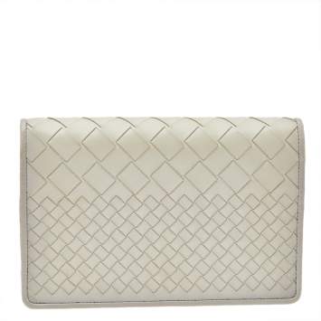 Pre Owned Bottega Veneta Off White Intrecciato Leather Clutch