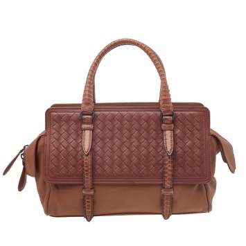 Pre Owned Bottega Veneta Brown Intrecciato Leather And Python Monaco Bag