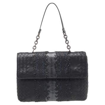 Pre Owned Bottega Veneta Black/Blue Intrecciato Leather And Python Trim Olimpia Bag