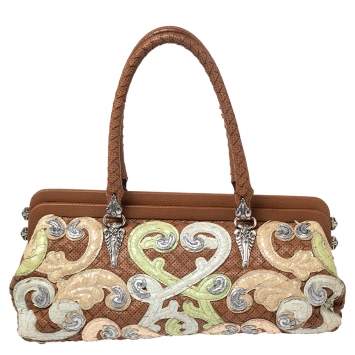 Pre Owned Bottega Veneta Brown Perforated Intrecciato Leather Embroidered Satchel