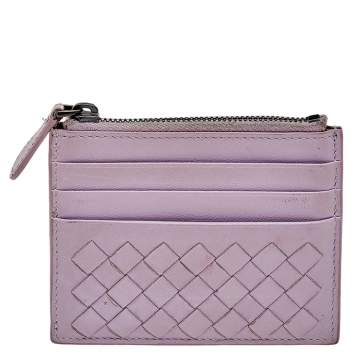 Pre Owned Bottega Veneta Lilac Intrecciato Leather Zip Card Holder