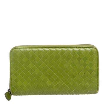 Pre Owned Bottega Veneta Green Intrecciato Leather Zip Around Wallet