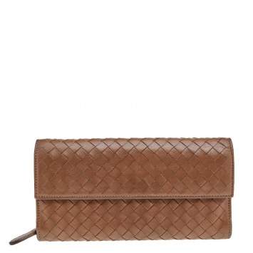 Pre Owned Bottega Veneta Brown Intrecciato Leather Flap Continental Wallet