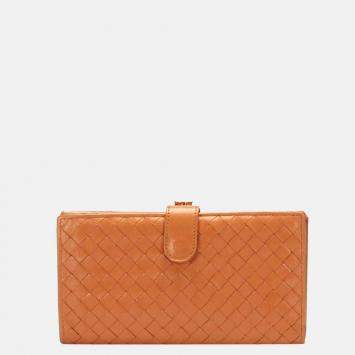 Pre Owned Bottega Veneta Orange Calf Leather Veneta Long Wallet