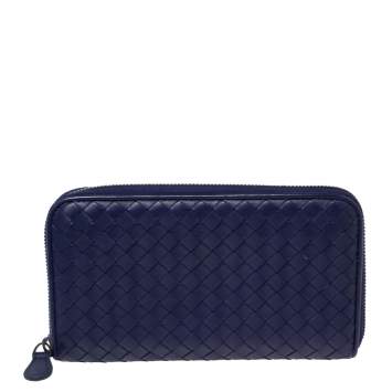 Pre Owned Bottega Veneta Purple Intrecciato Leather Zip Around Continental Wallet 