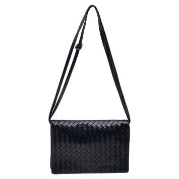 Pre Owned Bottega Veneta Navy Blue Intrecciato Leather Shoulder Bag