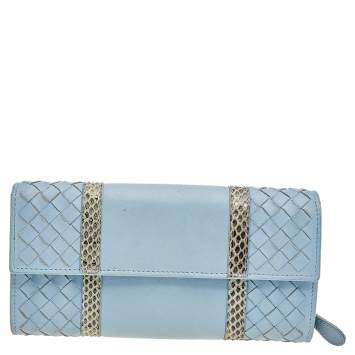 Pre Owned Bottega Veneta Powder Blue Intrecciato Leather and Snakeskin Trim Flap Continental Wallet