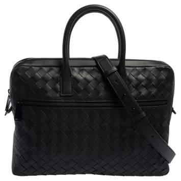 Pre Owned Bottega Veneta Black Intrecciato Leather Front Pocket Briefcase