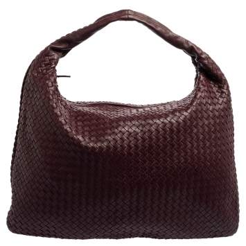 Pre Owned Bottega Veneta Dark Purple Intrecciato Leather Maxi Veneta Hobo 