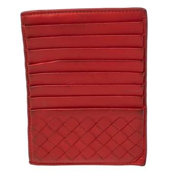 Pre Owned Bottega Veneta Red Intrecciato Leather Zip Card Holder