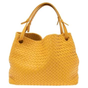 Pre Owned Bottega Veneta Yellow Intrecciato Woven Leather Seamless Garda Tote 
