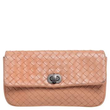 Pre Owned Bottega Veneta Beige Intrecciato Leather Turnlock Pouch