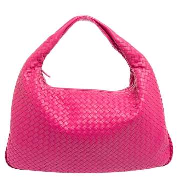 Pre Owned Bottega Veneta Pink Intrecciato Leather Medium Veneta Hobo