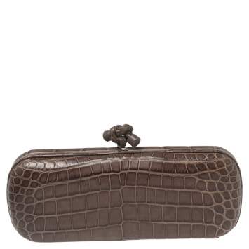 Pre Owned Bottega Veneta Brown Crocodile Knot Clutch