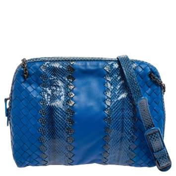 Pre Owned Bottega Veneta Blue Intrecciato Leather And Snakeskin Shoulder Bag