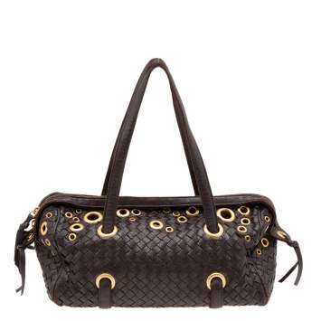 Pre Owned Bottega Veneta Brown Intrecciato Leather Grommet Satchel
