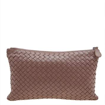 Pre Owned Bottega Veneta French Beige Intrecciato Leather Zip Pouch