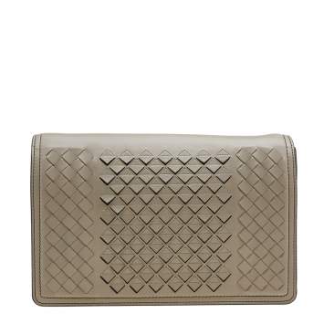 Pre Owned Bottega Veneta Khaki Beige Intrecciato Leather Flap Clutch