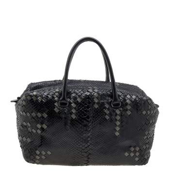 Pre Owned Bottega Veneta Black/Grey Python Intrecciato Leather Boston Bag