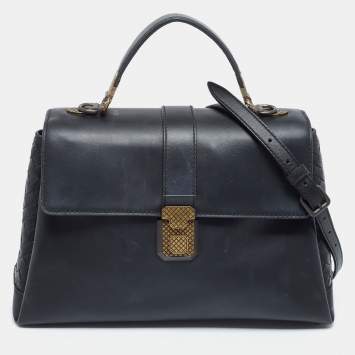 Pre Owned Bottega Veneta Navy Blue Leather Medium Piazza Top Handle Bag