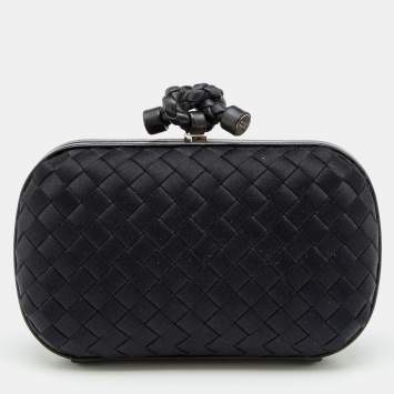 Pre Owned Bottega Veneta Black Intrecciato Satin And Leather Knot Clutch