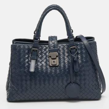 Pre Owned Bottega Veneta Navy Blue Intrecciato Leather Roma Tote