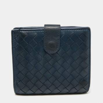 Pre Owned Bottega Veneta Blue Intrecciato Leather French Compact Wallet