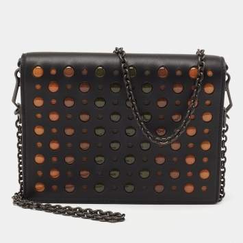 Pre Owned Bottega Veneta Black Leather Embellished Flap Wallet On Chain