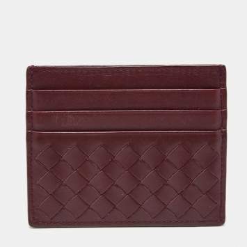 Pre Owned Bottega Veneta Burgundy Intrecciato Leather Card Holder