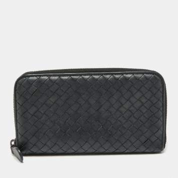 Pre Owned Bottega Veneta Black Intrecciato Leather Zip Around Wallet