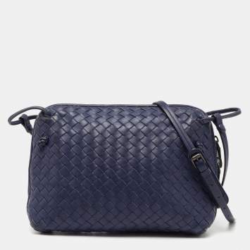 Pre Owned Bottega Veneta Navy Blue Intrecciato Leather Large Nodini Crossbody Bag