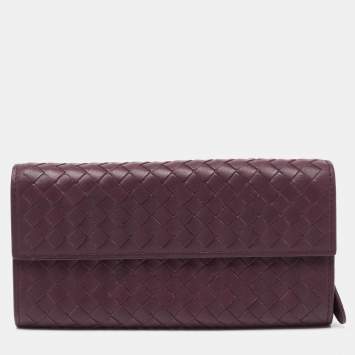 Pre Owned Bottega Veneta Burgundy Intrecciato Leather Continental Flap Wallet