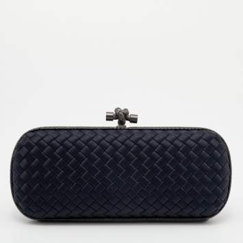 Pre Owned Bottega Veneta Black Intrecciato Satin and Karung Trim Knot Clutch