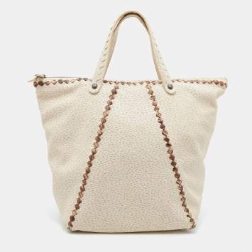 Pre Owned Bottega Veneta Cream/Brown Perforated Deerskin Top Zip Tote